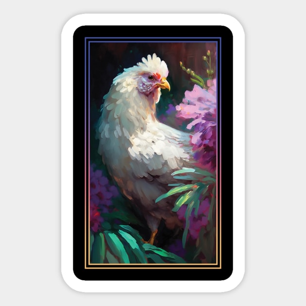 Chicken Vibrant Tropical Flower Tall Digital Oil Painting Portrait 2 Sticker by ArtHouseFlunky